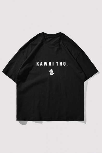 Fashion Mens Letter Kawhitho Hand Graphic Short Sleeve Crew-neck Loose Fit T Shirt