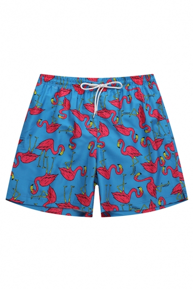 Funny Quick Drying Blue Pink Flamingo Drawcord Beachwear for Men with Pockets