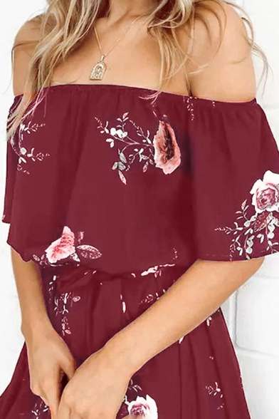 Gorgeous Ladies Allover Flower Print Short Sleeve Off the Shoulder Ruffled Mini Pleated A-line Dress