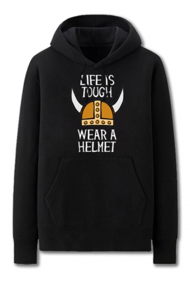 Mens Classic Letter Life Is Tough Wear a Helmet Pattern Cuffed Drawstring Long Sleeve Regular Fitted Graphic Hoodie
