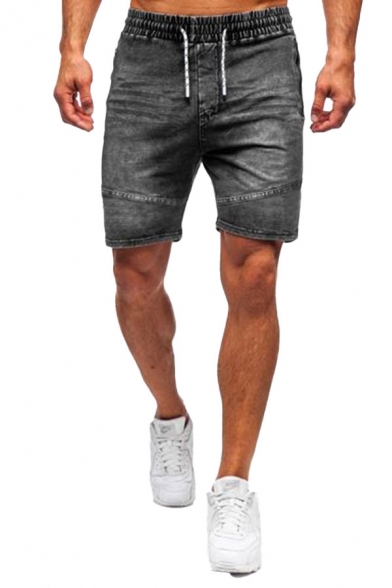 Mens Cool Solid Color Pocket Drawstring over the Knee Length Slim Denim Shorts