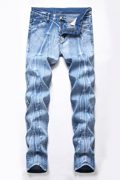 Mens Unique Jeans Patterned Zip-fly Pocket Button Straight Fit Full Length Jeans with Washing Effect