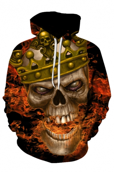 Popular Mens 3D Skull Crown Fire Pattern Pocket Drawstring Long Sleeve Regular Fitted Hooded Sweatshirt