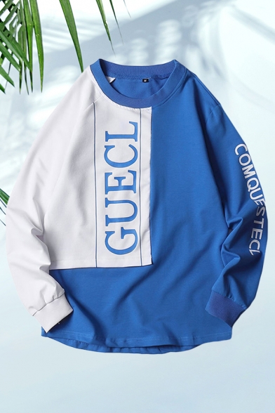 Popular Mens Letter Guecl Print Patchwork Long Sleeve Crew Neck Oversize Pullover Sweatshirt