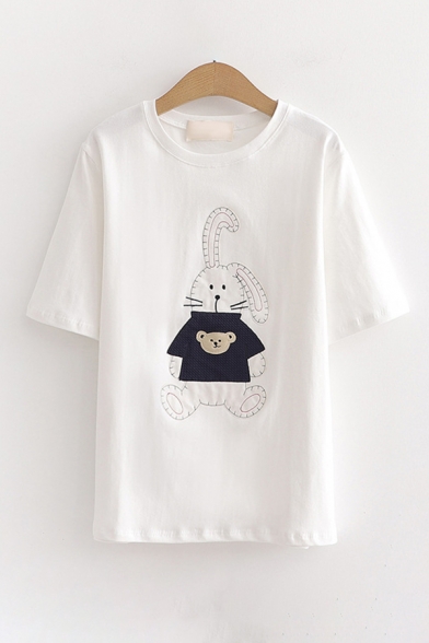 Preppy Girls Rabbit Embroidered Short Sleeve Crew Neck Relaxed Tee Top