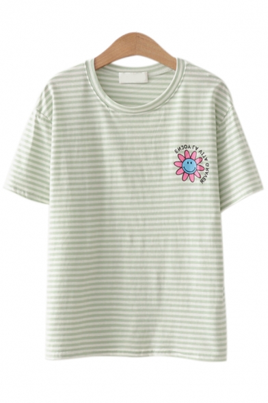 Preppy Looks Flower Stripe Letter Graphic Short Sleeve Round Neck Relaxed Tee Top