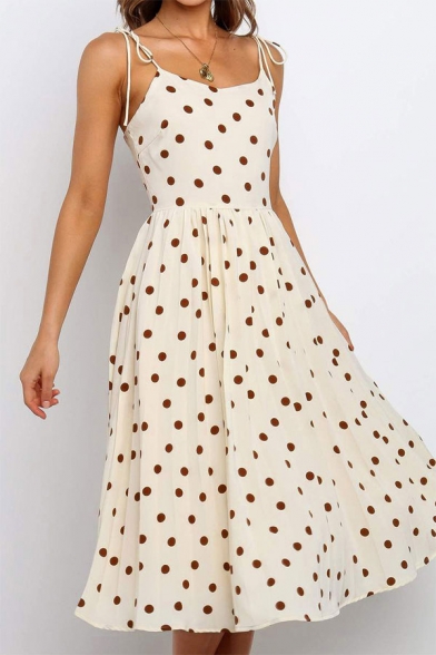 Pretty Girls Polka Dot Printed Bow Tied Shoulder Mid Pleated A-line Cami Dress