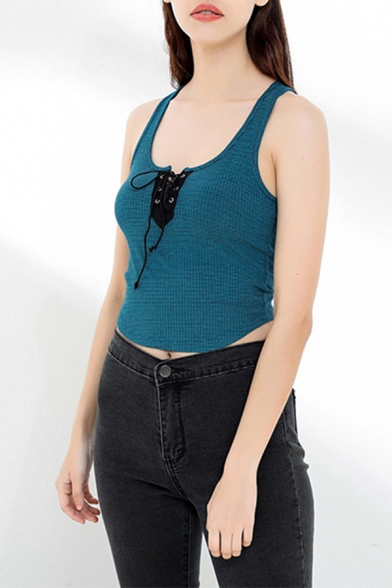 Sexy Girls Knit Scoop Neck Lace-up Curved Hem Fit Cropped Tank Top in Blue