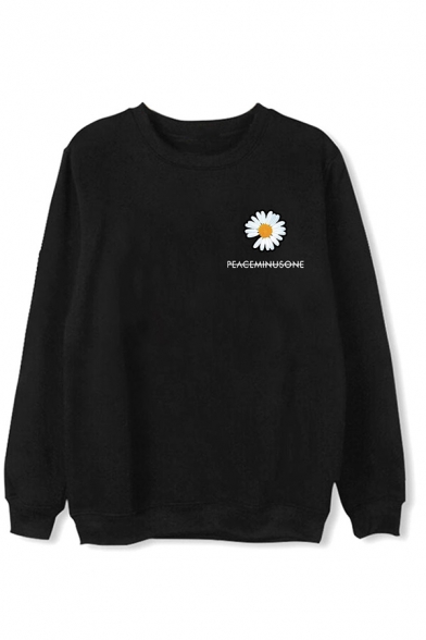 Simple Letter Daisy Floral Graphic Long Sleeve Round Neck Loose Pullover Sweatshirt in Black