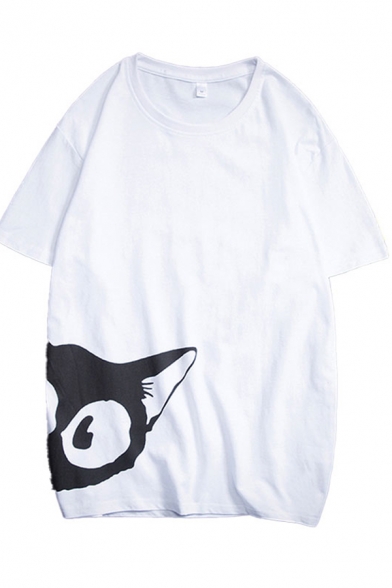 Simple Mens Cat Pattern Short Sleeve Round Neck Regular Fit T-Shirt