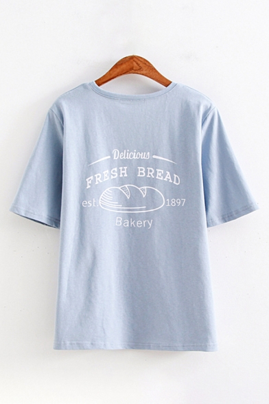 Simple Womens Letter Fresh Bread Graphic Short Sleeve Crew Neck Loose T-shirt