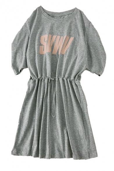 Sport Womens Letter Svwv Drawstring Pleated Crew Neck Short Sleeve Short A Line Dress in Gray