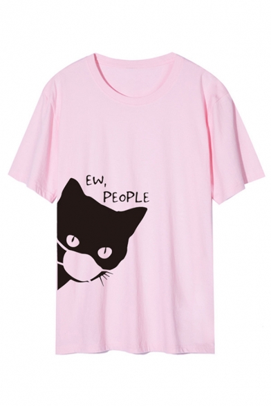 Street Boys Letter Ew People Cat Graphic Short Sleeve Round Neck Relaxed T-shirt