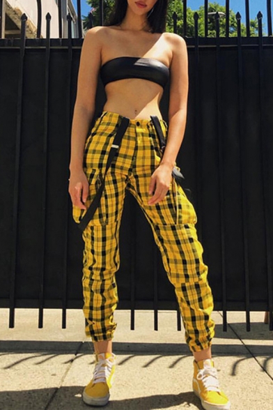 

Street Girls Plaid Printed High Waist Flap Pockets Cuffed Ankle Tapered-fit Suspender Pants in Yellow, LM642867