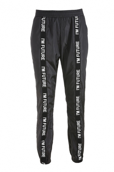 Street Womens Letter I'm Future Print Tape Patched Elastic Waist Ankle Length Baggy Trousers in Black