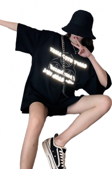 Street Womens Reflective Letter Graphic Half Sleeve Crew Neck Mini Oversize T-shirt Dress