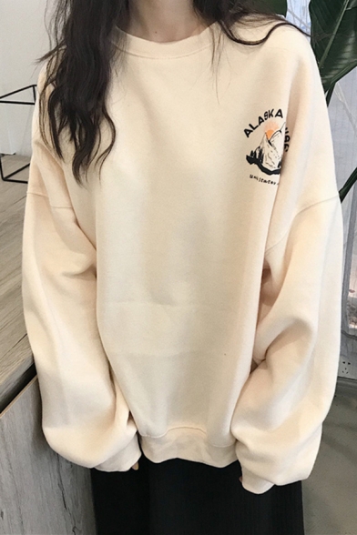 Streetwear Womens Letter Alaska Cruise Mountain Graphic Long Sleeve Crew Neck Oversize Pullover Sweatshirt
