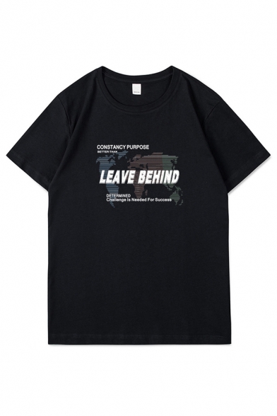 Styish Mens Letter Leave Behind Printed Short Sleeve Crew Neck Loose T Shirt in Black