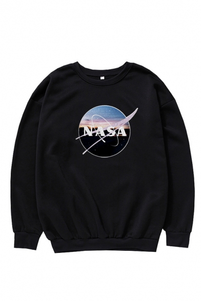 Stylish Guys Letter Nasa Graphic Long Sleeve Crew Neck Loose Fit Pullover Sweatshirt