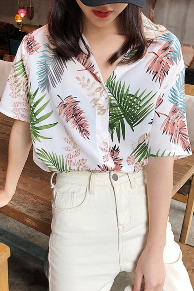 Stylish Leaf All-over Pattern Short Sleeve Notched Collar Button-down Relaxed Shirt