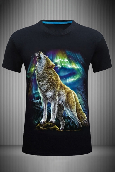 Stylish Mens 3D Aurora Wolf Printed Crew Neck Short Sleeve Slim Fitted T-Shirt