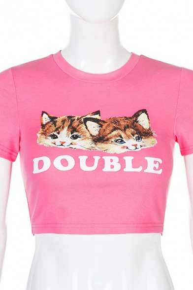 Stylish Womens Letter Double Cartoon Cat Graphic Short Sleeve Crew Neck Slim Fit Cropped T Shirt in Pink
