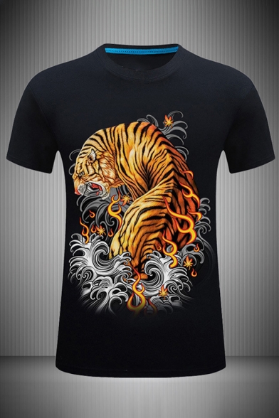 Trendy 3D Mens Tiger Printed Short Sleeve Round Neck Slim Fitted Tee Top