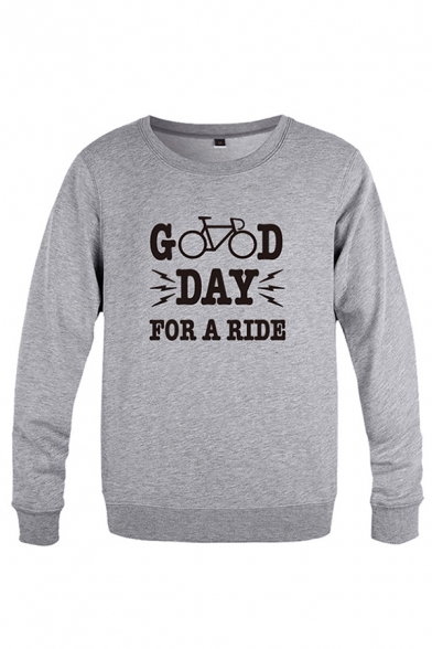 Trendy Guys Letter Good Day for A Ride Bike Graphic Long Sleeve Round Neck Loose Pullover Sweatshirt