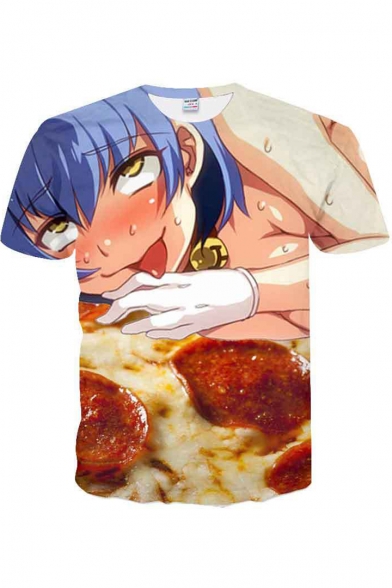Ahegao 3D Anime Pizza Girl Print Basic Round Neck Short Sleeve T-Shirt