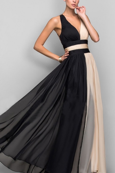 Amazing Ladies Sleeveless V-neck Strappy Colorblock Patched Maxi Pleated Flowy Tank Dress in Black