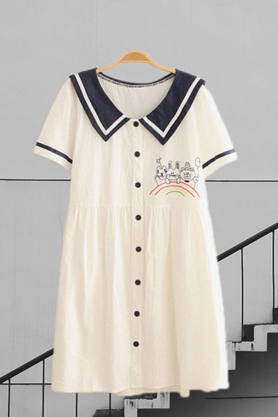 Bear Rainbow Embroidered Striped Short Sleeve Point Collar Button down Fashion Mid Pleated Swing Dress for Girls