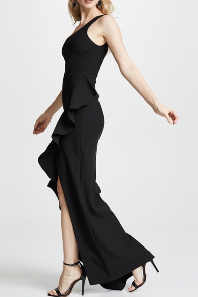 Boutique Womens One Shoulder Ruffled Asymmetric Hem Maxi Flowy Tank Gown Dress in Black