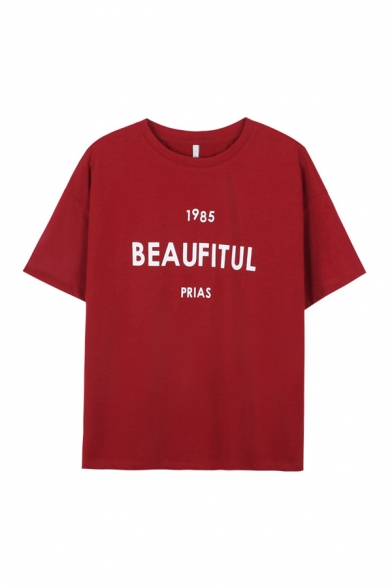 Chic Letter 1985 Beautiful Prias Print Short Sleeve Crew-neck Loose T-shirt for Women