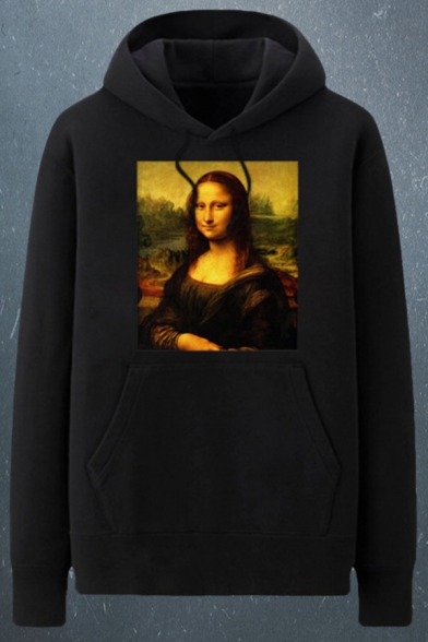 Chic Mens Mona Lisa Oil Painting Pattern Pocket Drawstring Long Sleeve Regular Fit Hooded Sweatshirt