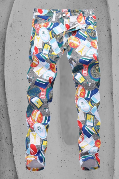 Colorful All-over Printed Zipper Fly Mid Rise Full Length Tapered Fit Pants for Men