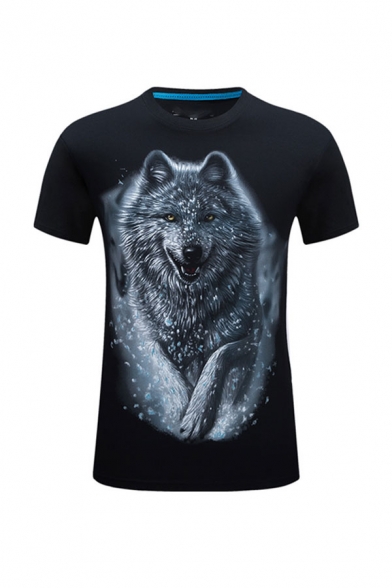 Cool 3D Wolf Pattern Short Sleeve Round Neck Regular Fitted Tee Top for Men