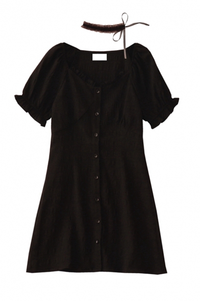 Cool Girls Black Solid Color Pleated Button Down Ruffle Trim Crew Neck Short Puff Sleeve Midi A Line Dress with Choker