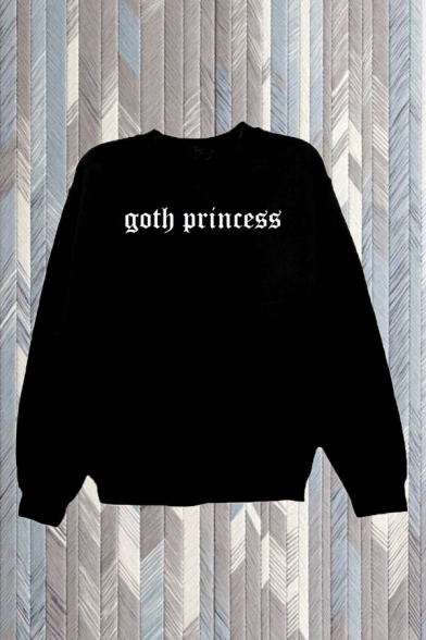Cool Letter Goth Princess Printed Long Sleeve Crew Neck Loose T Shirt in Black