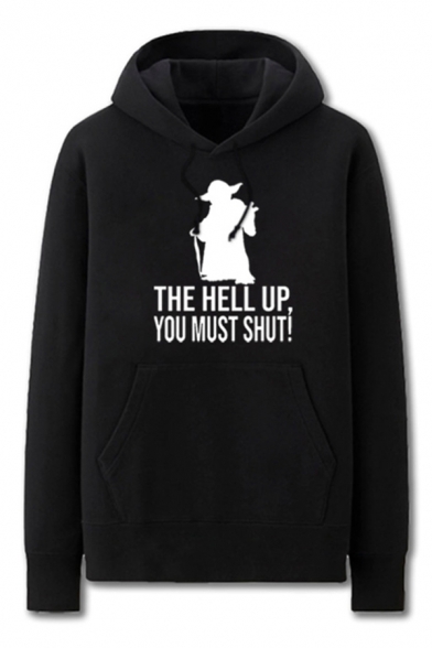Cool Mens Character Letter the Hell up You Must Shut Printed Pocket Drawstring Long Sleeve Regular Fit Graphic Hooded Sweatshirt