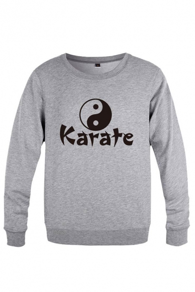 Cool Mens Tai Ji Diagram Pattern Letter Karate Long Sleeve Round Neck Fitted Graphic Pullover Sweatshirt