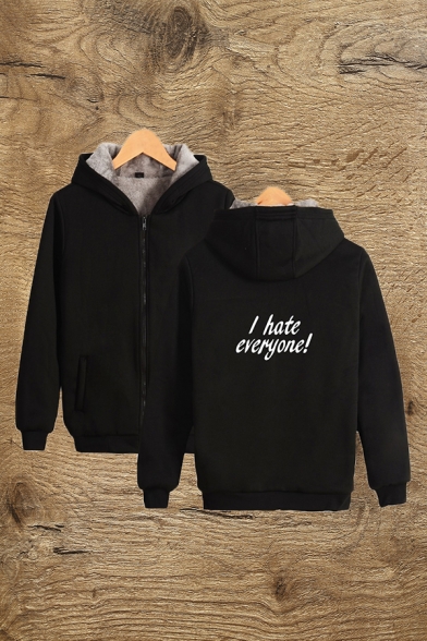 Cool Sherpa Liner Letter I Hate Everyone Print Relaxed Fit Hoodie for Men