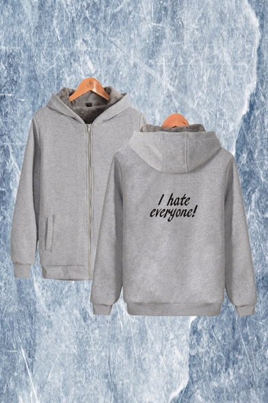 Cool Sherpa Liner Letter I Hate Everyone Print Relaxed Fit Hoodie for Men