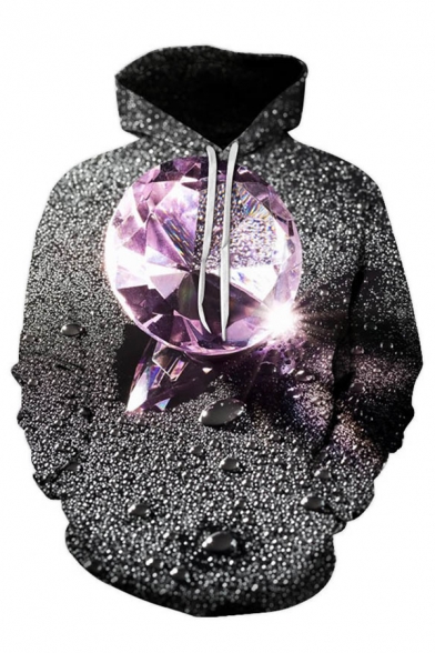 Creative Mens 3D Diamond Crystal Printed Pocket Drawstring Long Sleeve Regular Fit Hooded Sweatshirt