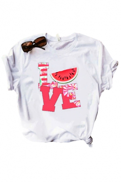 Cute Letter Summer Time Cartoon Dog Graphic Roll up Sleeve Crew-neck Fit T Shirt in White