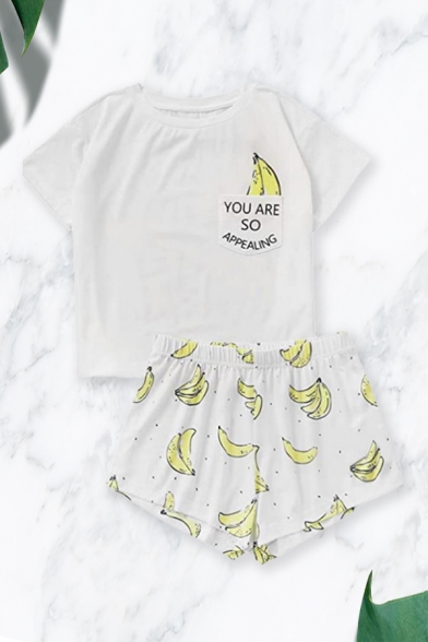 Cute Letter You Are So Appealing Banana Graphic Chest Pocket Short Sleeve Crew Neck Fit Tee & Shorts in White