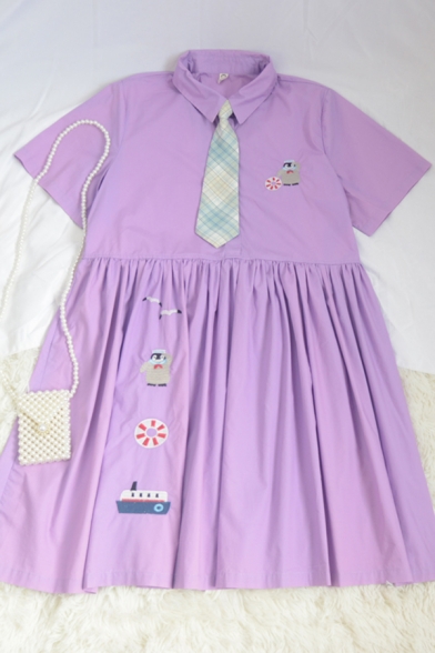 Cute Summer Girls Ship Penguin Embroidery Print Striped Tie Pleated Polo Collar Short Sleeve Midi Smock Dress