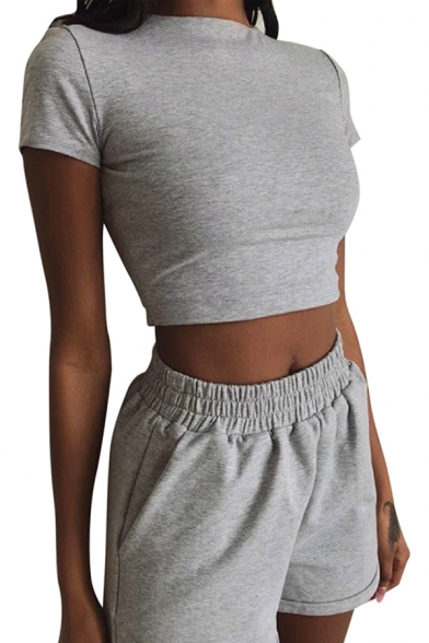 Edgy Girls Solid Color Short Sleeve Mock Neck Fit Crop Tee & Rolled Cuffs Relaxed Shorts Set