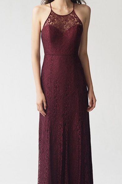 Elegant Womens Lace Patched Strappy Maxi Shift Slip Evening Dress in Burgundy