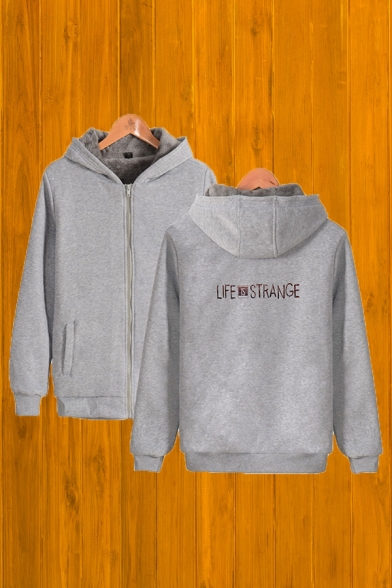 Fashion Mens Letter Life Is Strange Print Long Sleeve Zip up Sherpa Liner Relaxed Fit Hoodie
