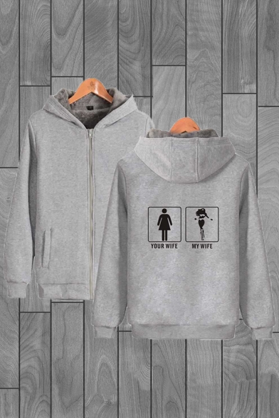 Leisure Mens Letter Your Wife My Wife Cartoon Graphic Long Sleeve Zipper Front Sherpa Liner Loose Hoodie